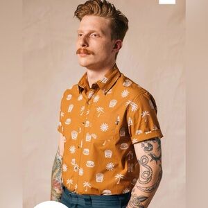 NWT Pyknic Take It Greasy Button-Up Shirt Novelty Camp Summer Brown White Unisex